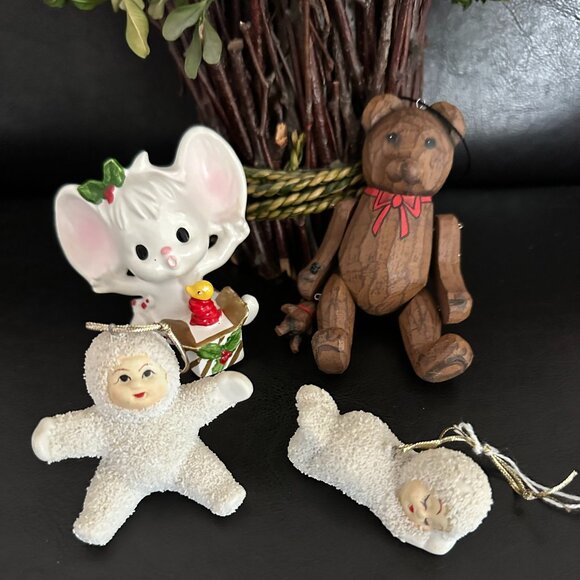 Vintage Christmas Ornaments Snowbabies, Wood Bear 4 Pc. - Picture 1 of 3